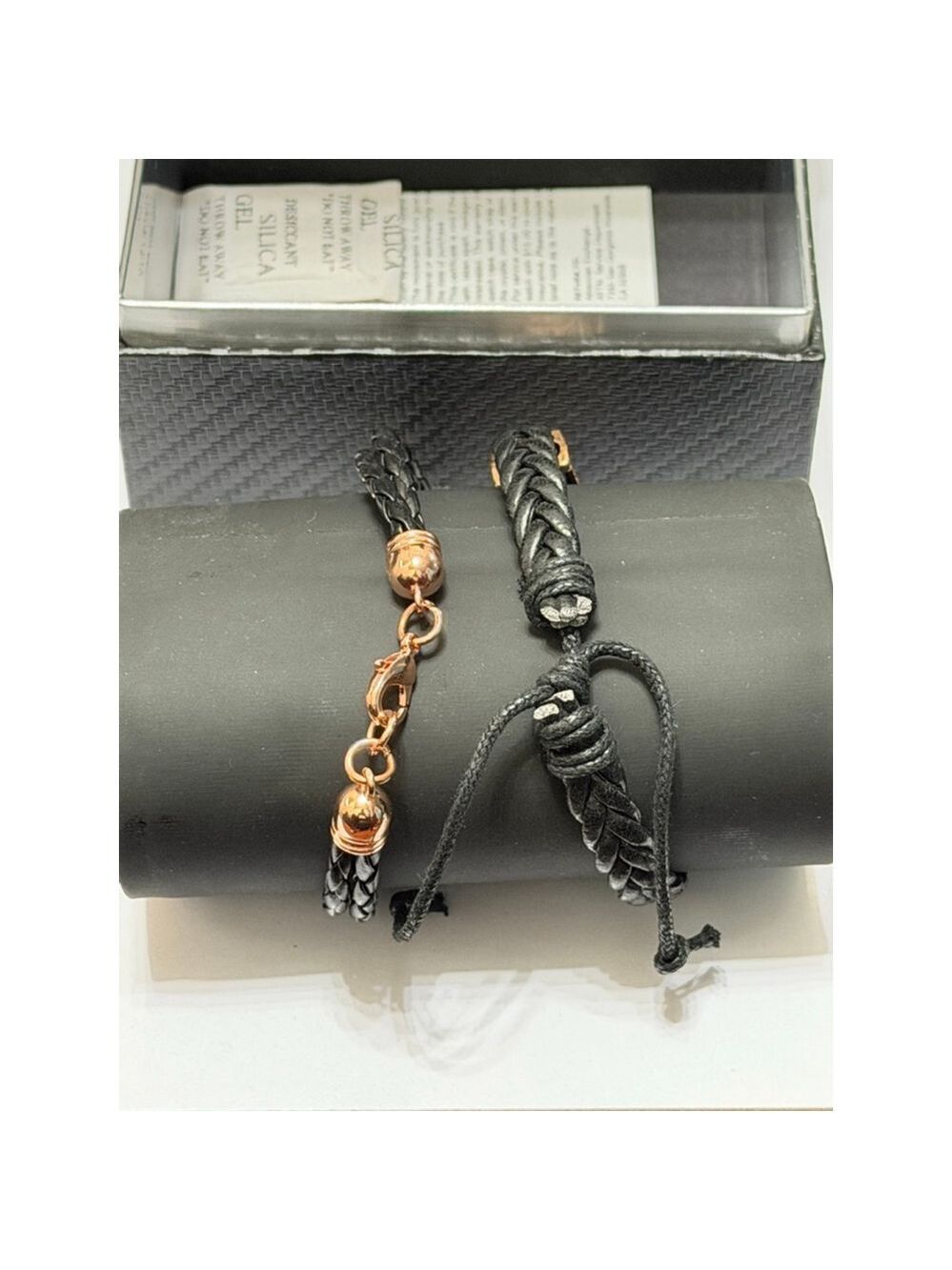NWT 2Pc American Exchange Men Braided Leather Cross Bracelet Set Black Gold OS